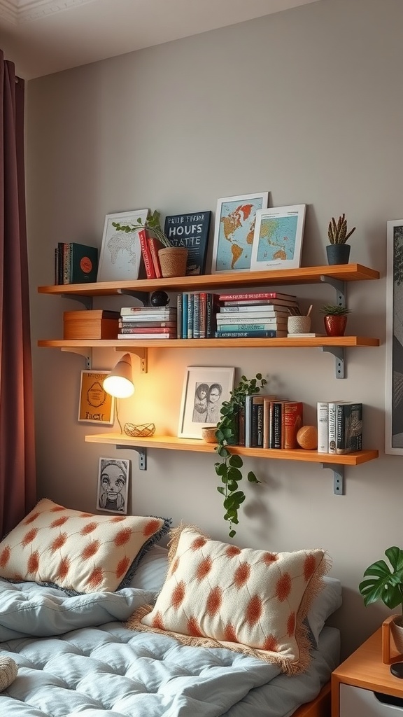 Wall-mounted shelves with books, plants, and decorative items in a cozy dorm room setting.