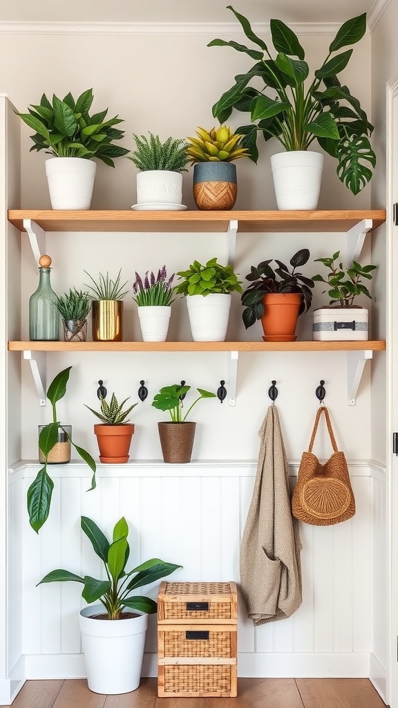 Wall-mounted shelves with plants and hooks in a mudroom