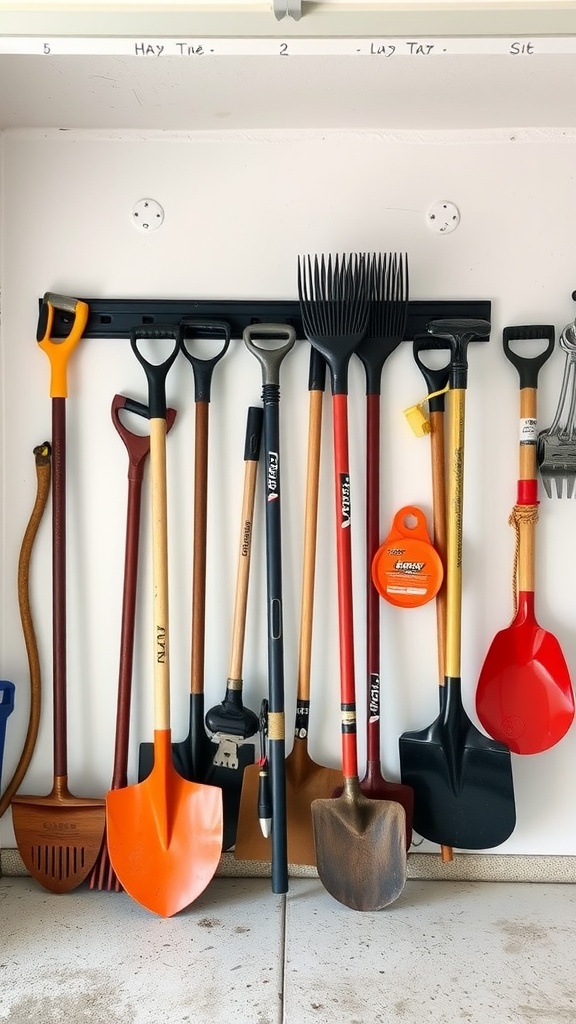 Wall-mounted tool rack displaying various gardening tools like shovels and rakes.