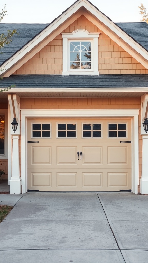 A warm beige garage door with black handles, set against a charming home exterior.