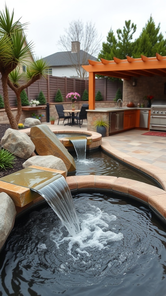 Outdoor kitchen patio with waterfalls and stone features