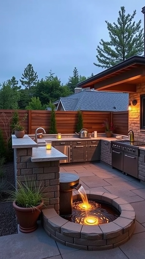 An outdoor kitchen featuring a small circular water feature with glowing lights, set against a wooden fence and surrounded by plants.
