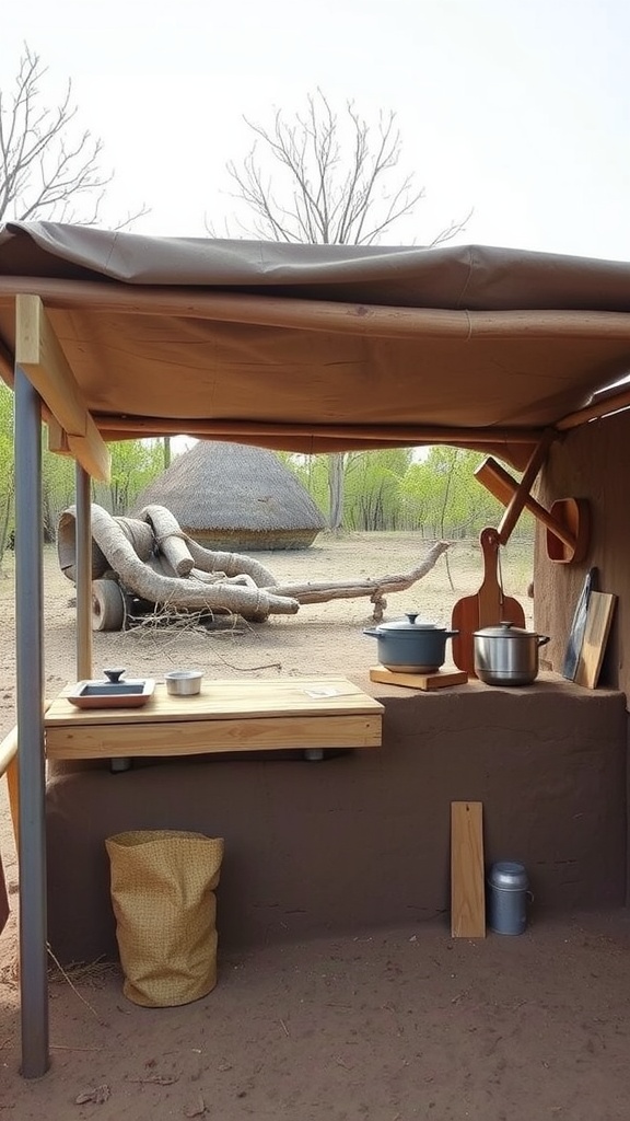 A rustic mud kitchen for kids with a wooden countertop and shaded area, surrounded by nature.