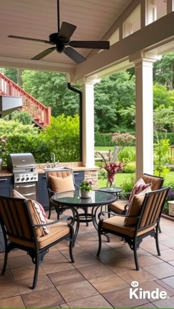 An outdoor kitchen patio with weather-resistant furniture, including a table and chairs, and a grill.