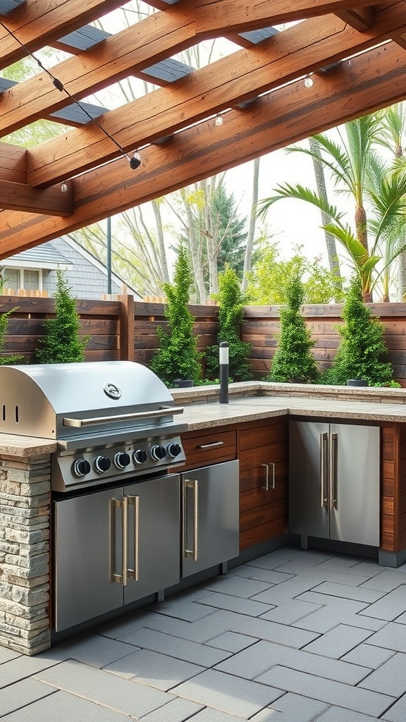 A modern outdoor kitchen featuring stainless steel appliances, wooden and stone cabinetry, and a covered structure.