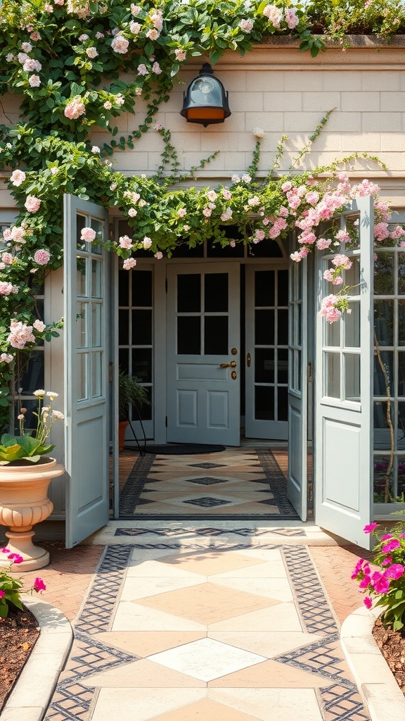 A charming entryway garden with double doors, a patterned pathway, and climbing roses.