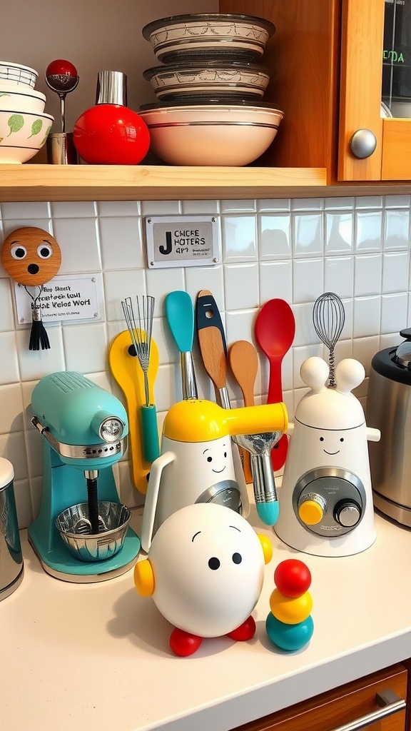 A colorful and whimsical collection of kitchen gadgets, including a teal mixer, quirky utensils, and a playful round character.