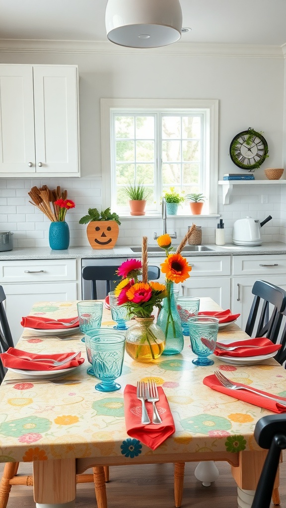 A whimsical kitchen table setting with a colorful tablecloth, blue glassware, and a cheerful flower arrangement.