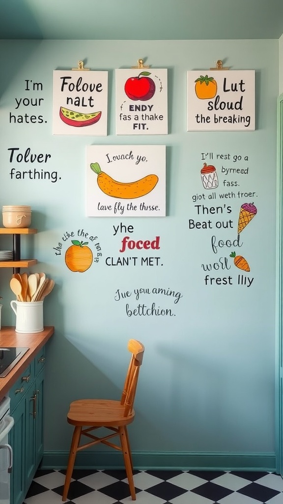 A whimsical kitchen wall with colorful art featuring humorous food illustrations and phrases.