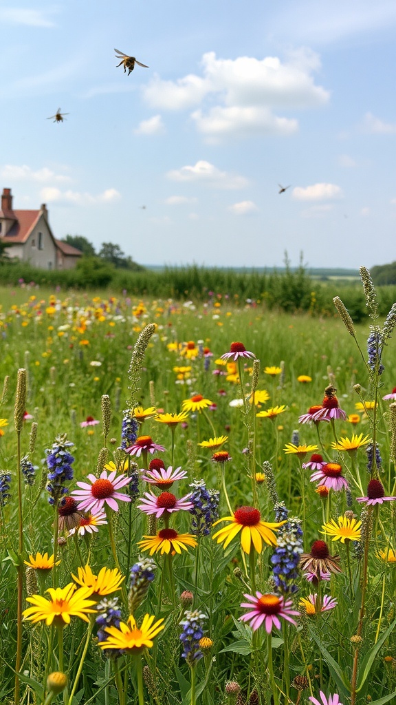 A vibrant wildflower meadow with a variety of colorful flowers and bees flying around.