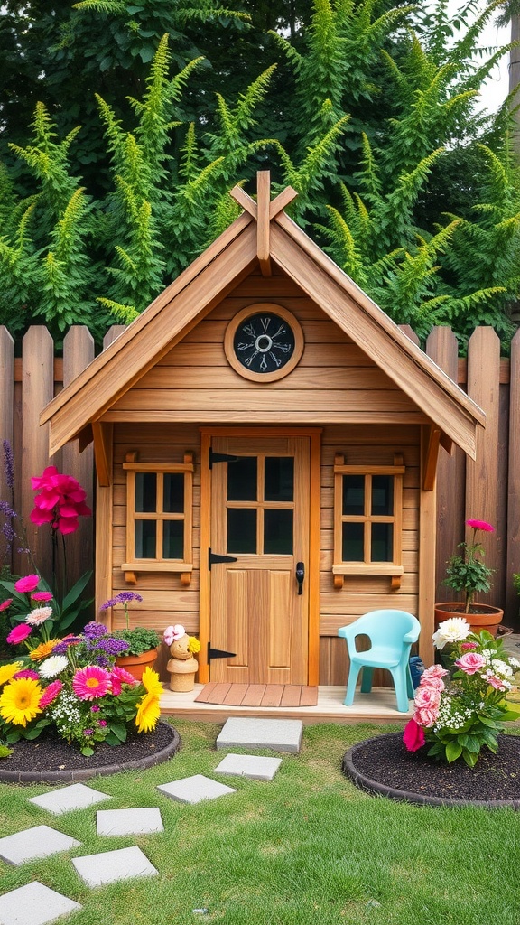 Wooden cottage playhouse surrounded by colorful flowers and greenery