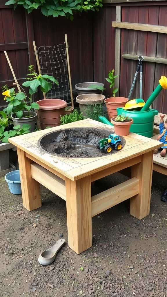 Wooden table with a built-in tub for mud play, surrounded by plants and gardening tools.
