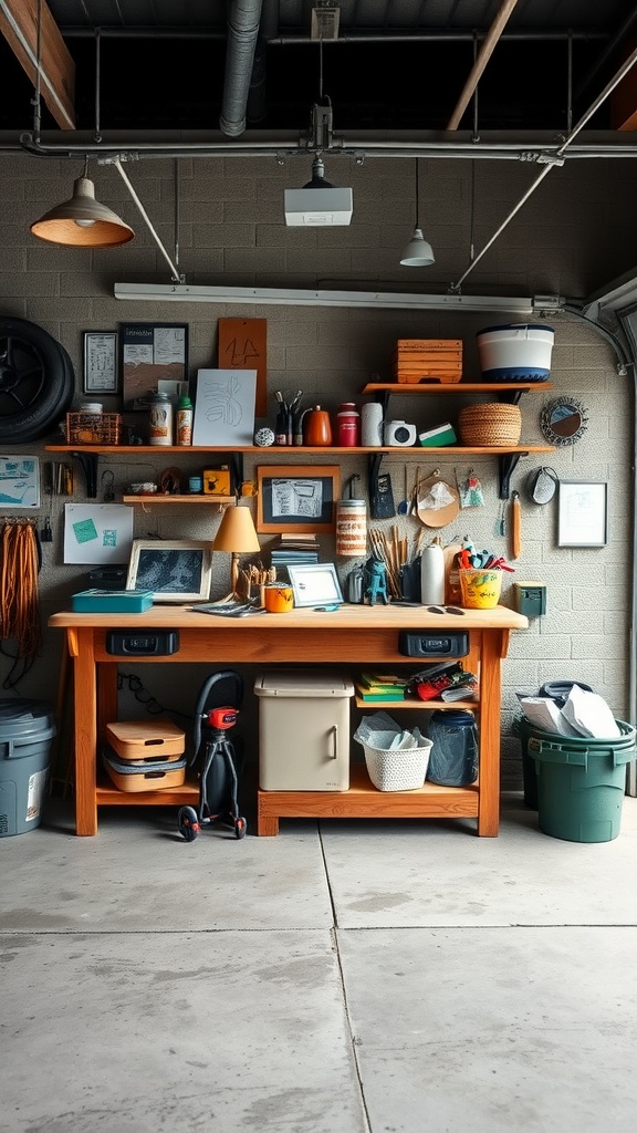 A well-organized garage workbench designed for crafting, featuring a wooden table, shelves filled with supplies, and good lighting.