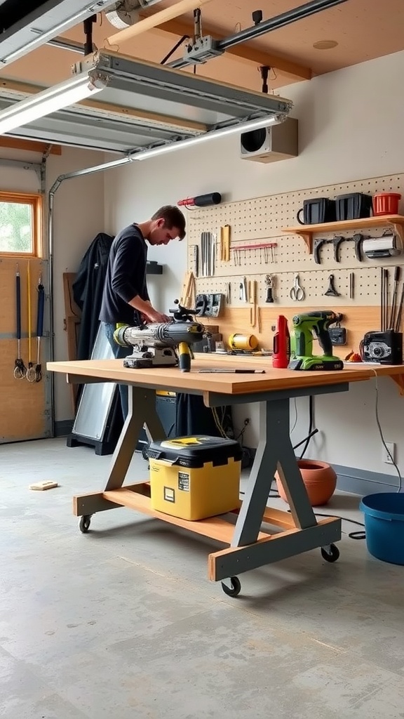 A person working at an adjustable height workbench in a garage, with tools organized on the wall.