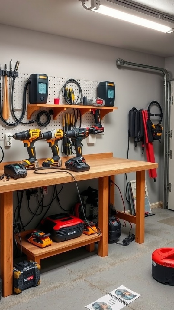 A garage workbench featuring built-in power outlets and organized tools