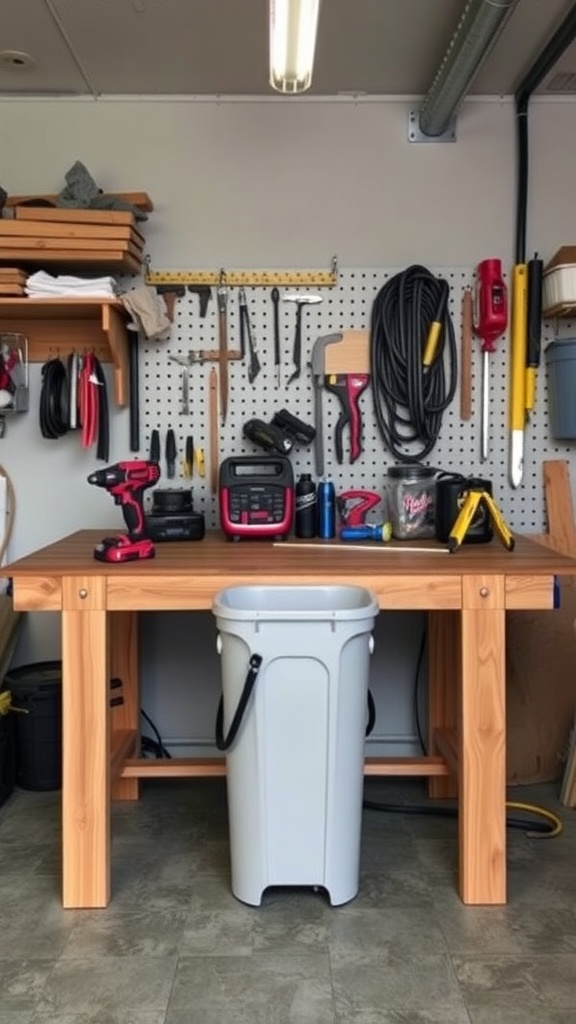 A wooden workbench with a built-in trash bin, surrounded by organized tools on a pegboard.