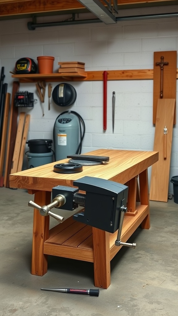 A wooden workbench with a heavy-duty vise, tools in the background, and an organized garage setting.