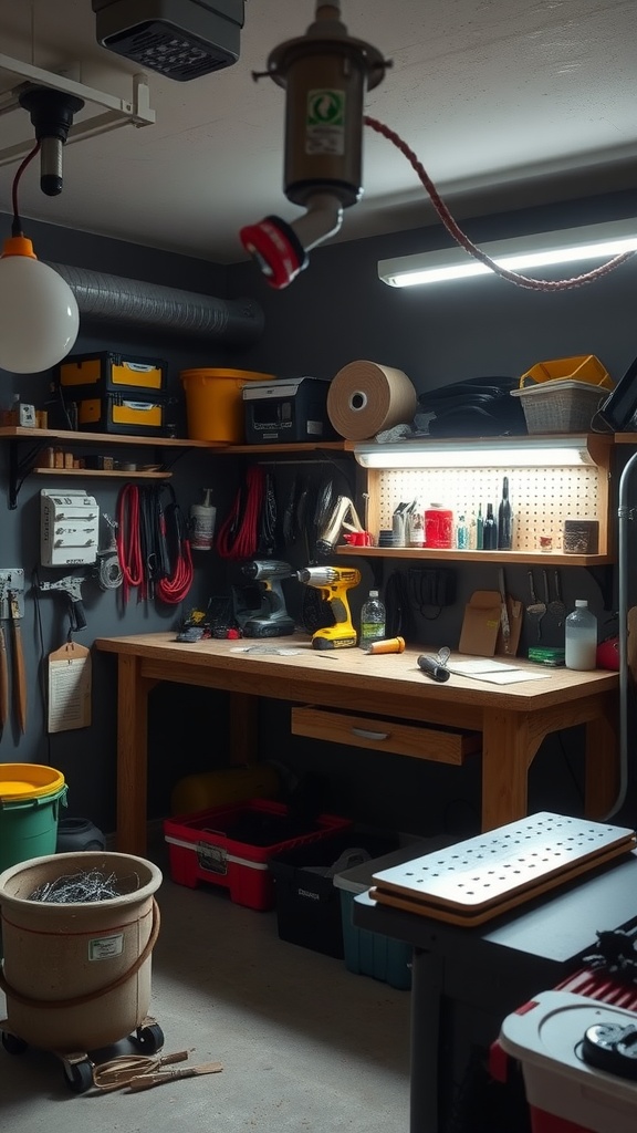 A well-organized garage workbench with integrated lighting, tools, and storage.