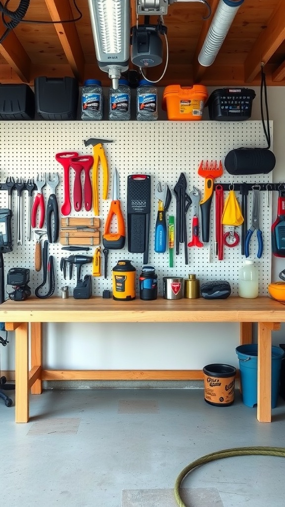 A garage workbench featuring a wooden table and a pegboard filled with various tools.