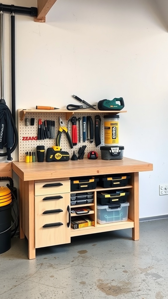 Wooden workbench with integrated tool chest and pegboard for tools