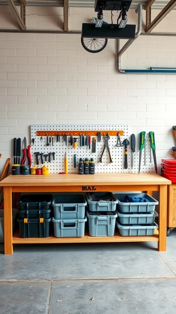 A wooden workbench with colorful tools and multiple storage bins underneath.