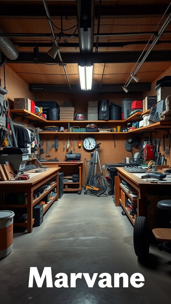 A well-organized garage workshop with tools, shelves, and workbenches.