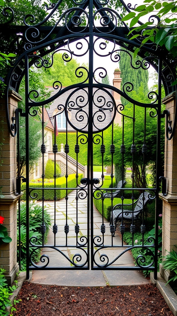 Wrought iron garden gate with intricate designs leading to a garden path