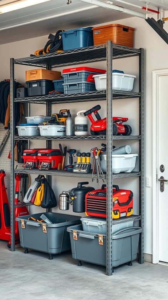 A well-organized adjustable metal shelving unit in a garage filled with various storage bins and tools.
