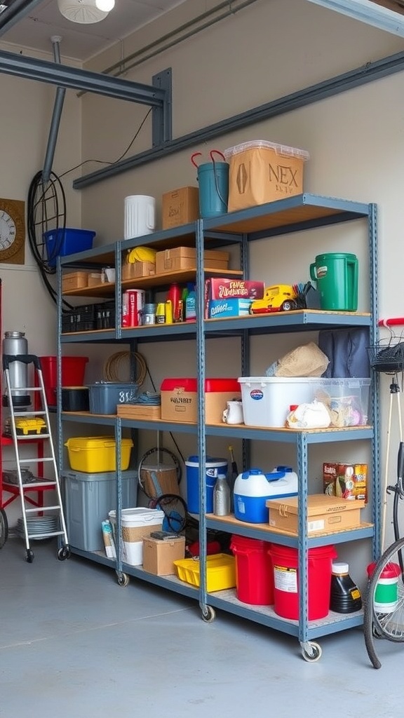 A sturdy adjustable shelving unit in a garage filled with colorful bins and boxes.
