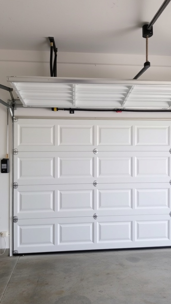 A clean white automatic garage door with an overhead mechanism