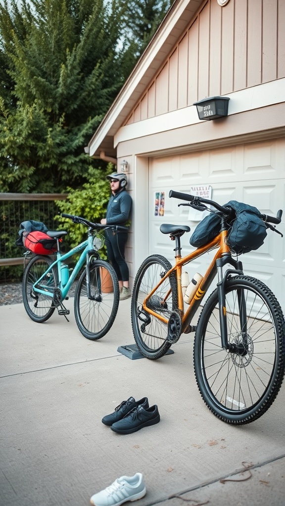 Two bicycles parked outside a garage, with a person nearby.
