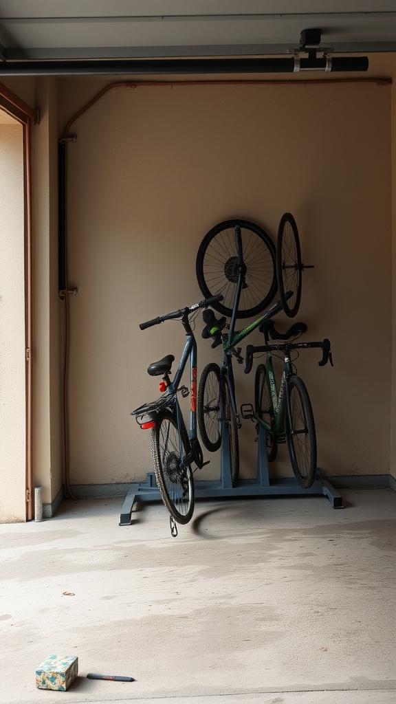 A garage with a bike rack holding three bicycles, showcasing an organized storage solution.