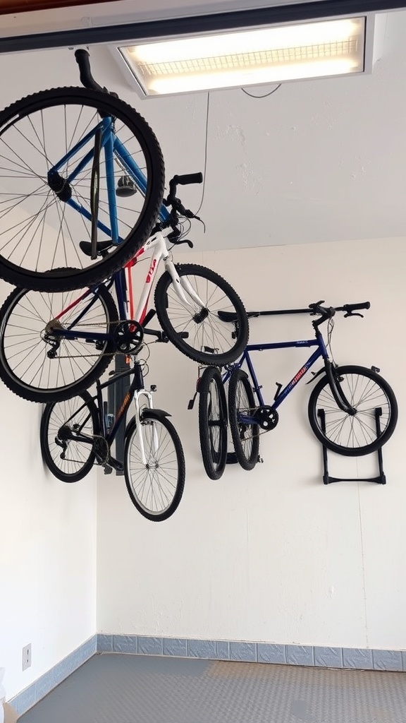 Bikes stored on wall-mounted racks in a garage