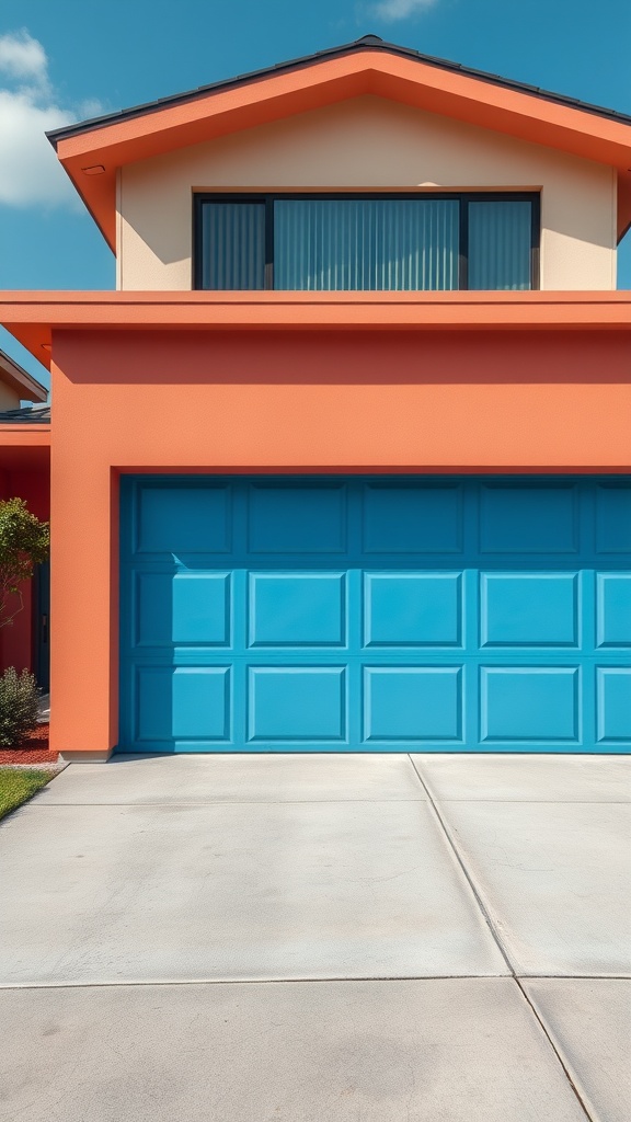 A house with a bright orange exterior and a blue garage door.