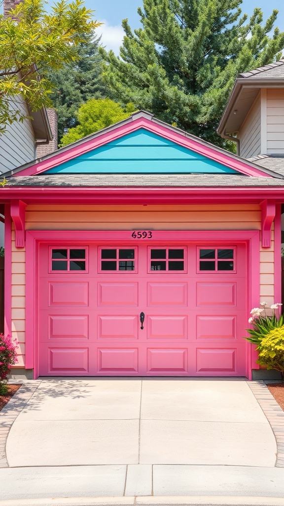 A bright pink garage door with a turquoise roof, surrounded by greenery and flowers.