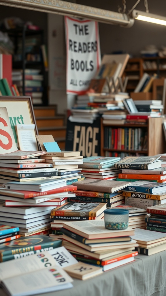 A cluttered table filled with various books and educational materials, showcasing a cozy reading atmosphere.