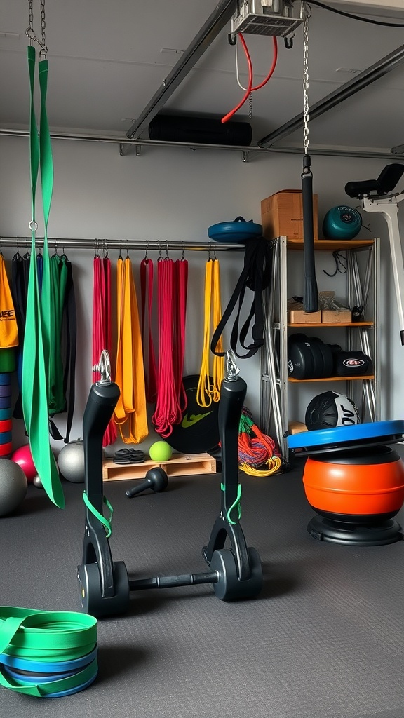 A well-organized garage gym featuring colorful resistance bands, weights, and exercise equipment.