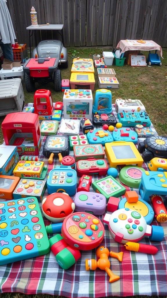 A variety of children's toys and games displayed on a checkered blanket at a garage sale.
