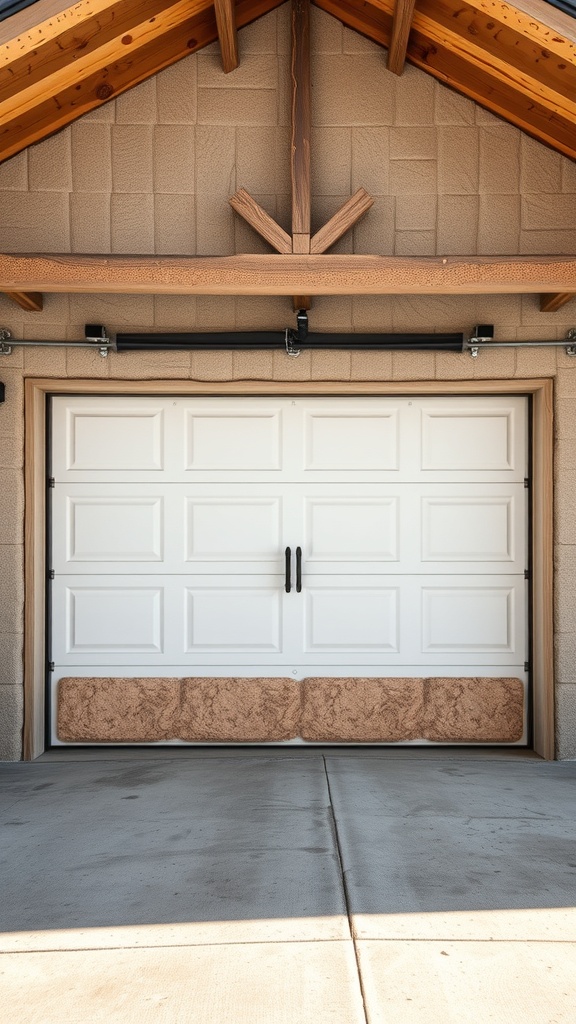 A stylish insulated garage door with a white finish and textured bottom section, showcasing energy efficiency.