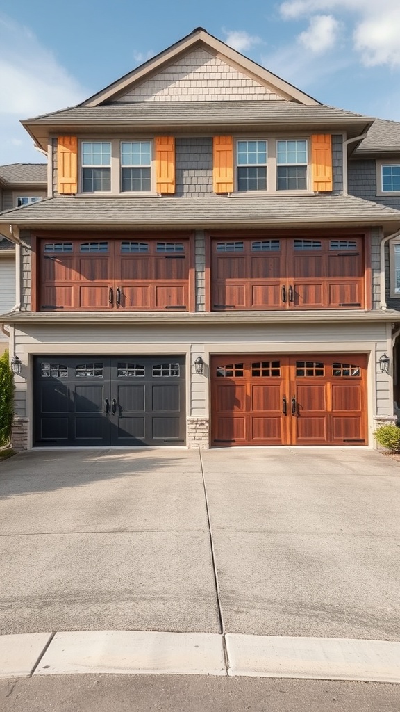 A house with two different styled garage doors: one wooden and one black.