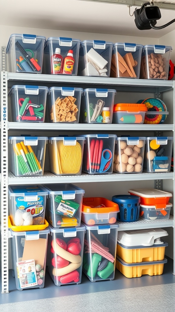 Organized garage shelving with clear plastic bins filled with various items.