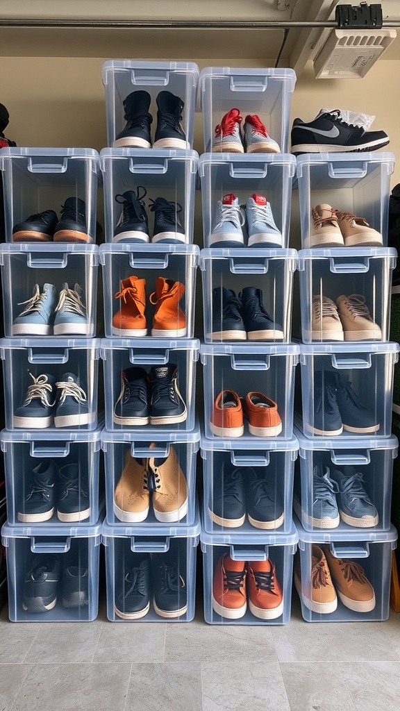A stack of clear plastic shoe bins filled with various pairs of shoes, organized neatly in a garage.