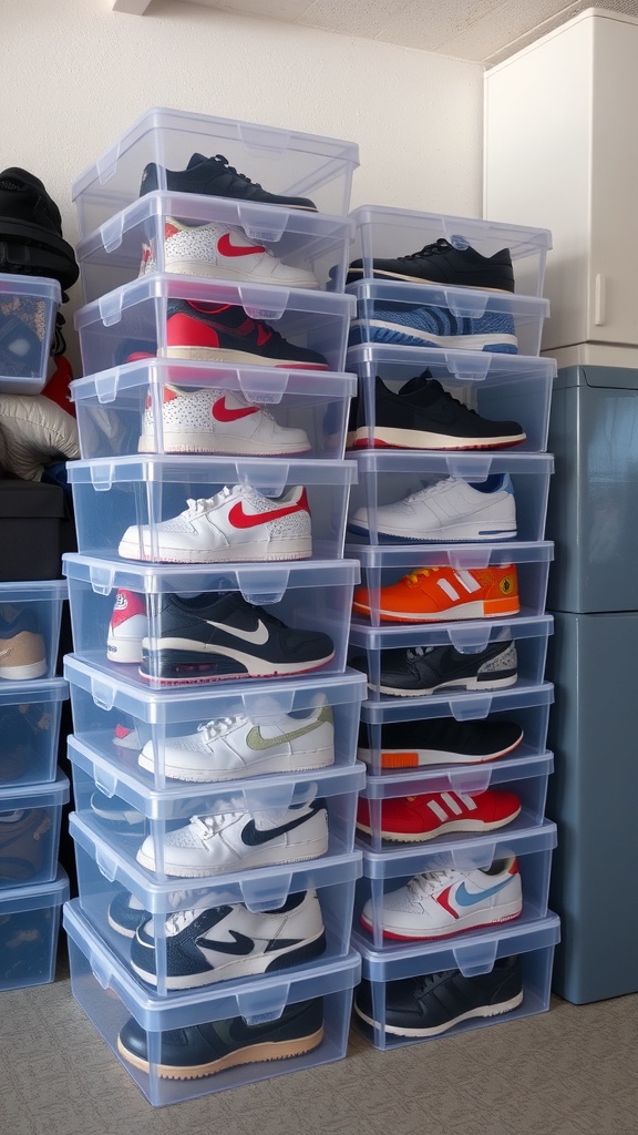 Stacked clear plastic shoe boxes containing various pairs of shoes