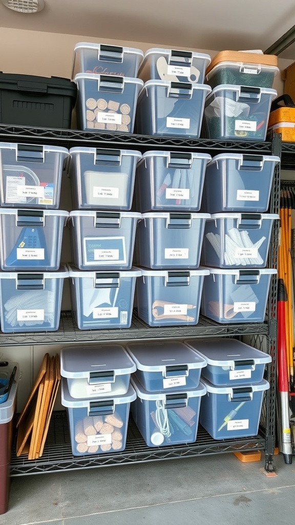 Organized garage shelving with clear plastic storage bins