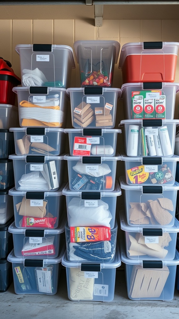 Organized garage storage with clear plastic bins on shelves, labeled for easy identification.