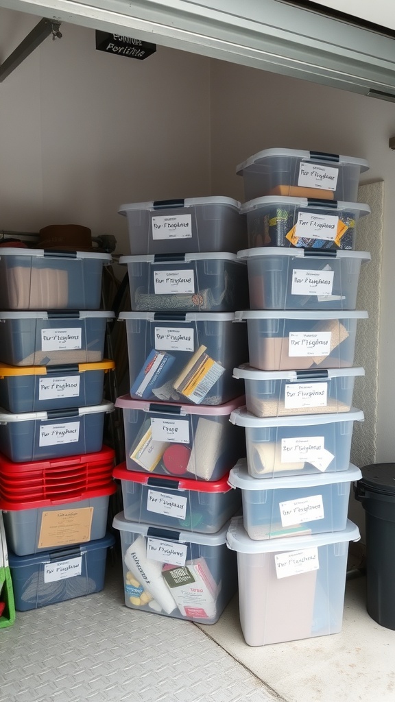 A stack of labeled clear storage bins in a garage, organized for easy access.