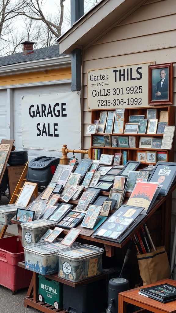 A garage sale display featuring various collectible items and memorabilia.