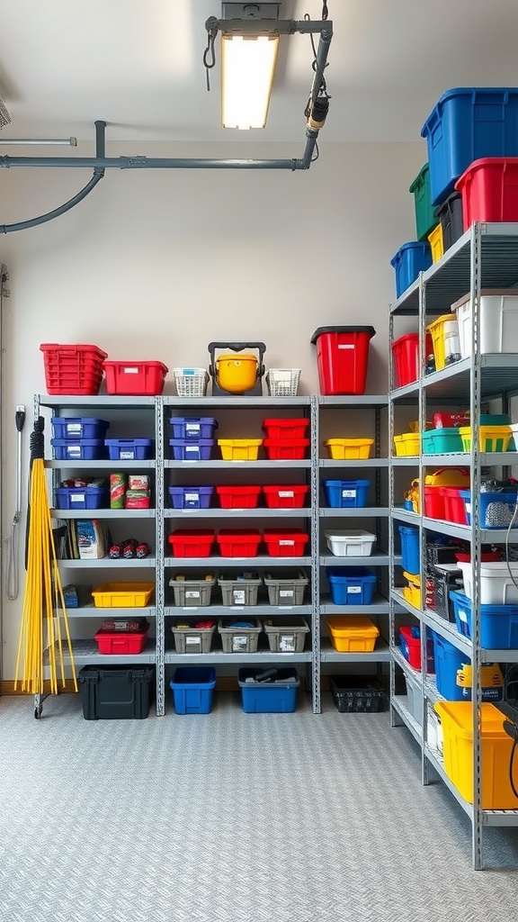 A garage with color-coded shelving filled with various bins in bright colors.