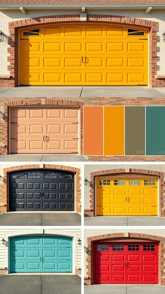 A collage of various garage doors in different colors including yellow, peach, black, turquoise, and red, along with a color palette.