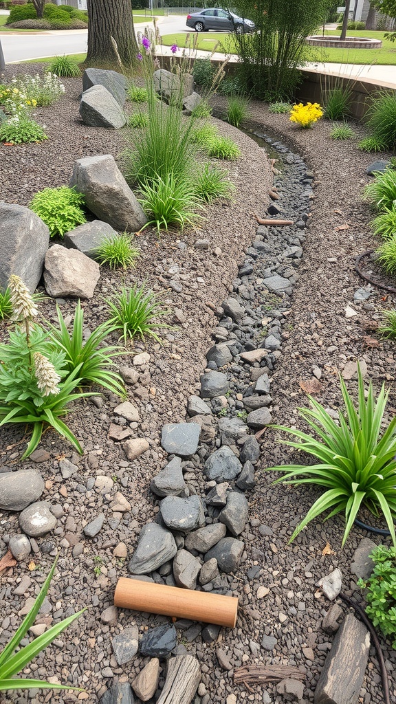 A rain garden with a French drain, featuring smooth stones, various plants, and a gentle slope.